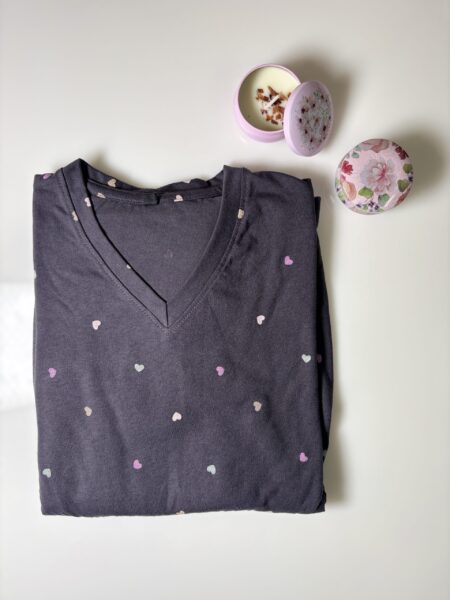 Gray Small Hearts Printed Knitted Cotton V-Neck Lounge Frock