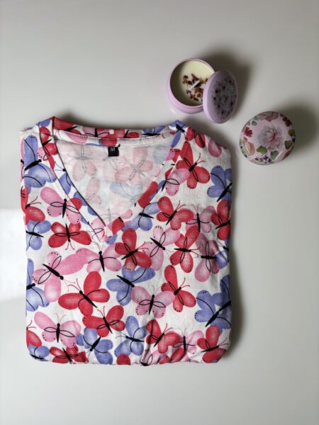 White Butterflies Printed Knitted Cotton V-Neck Lounge Frock