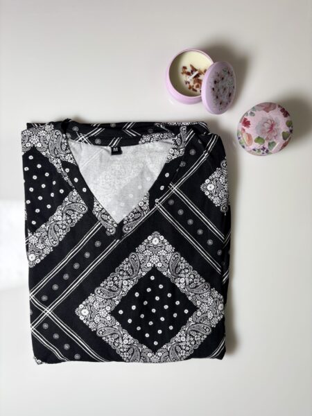 Black Paisley Printed Knitted Cotton V-Neck Lounge Frock