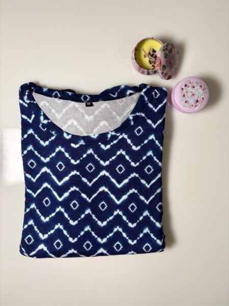 Dark Blue and Ikat Dye Printed Puff Sleeve Feeding Maxi