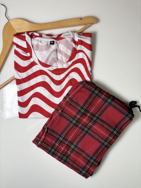 White Waves Printed T-Shirt and Red Contrast Pant Set