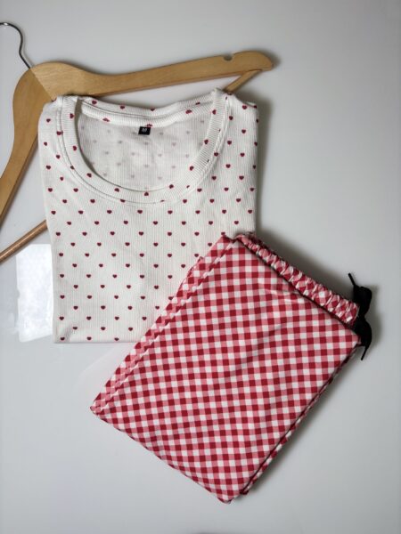 White Hearts Printed T-Shirt and Red Contrast Pant Set