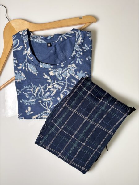 Blue Floral Printed T-Shirt and Navy Contrast Pant Set