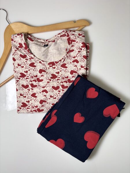 Half White Hearts Printed T-Shirt and Navy Contrast Pant Set