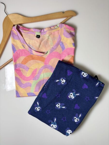 Multicolor Waves Printed T-Shirt and Blue Contrast Pant Set
