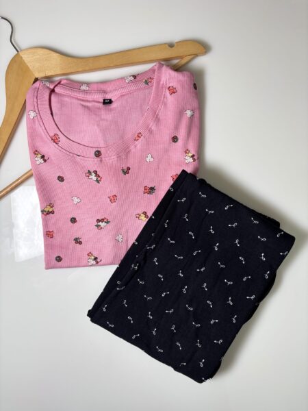 Pink Floral Printed T-Shirt and Black Contrast Pant Set