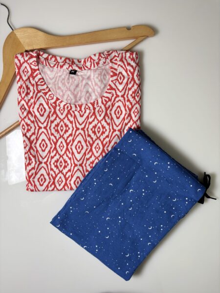 Red Ikat Printed T-Shirt and Blue Contrast Pant Set