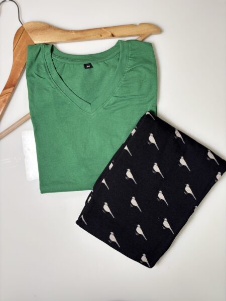 Green Solid T-shirt with Birds Printed Pant Set