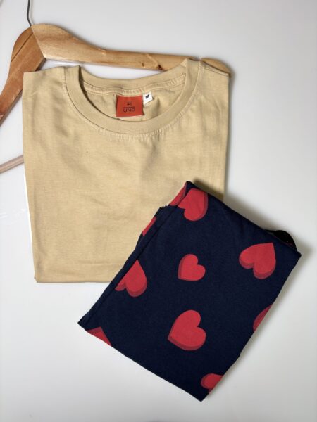 Sand Solid T-shirt with Red Hearts Printed Pant Set