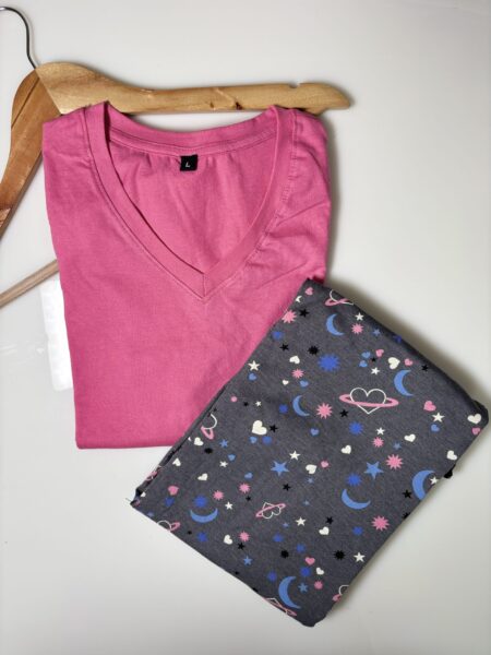 Pink Solid T-shirt with Night Motifs Printed Pant Set