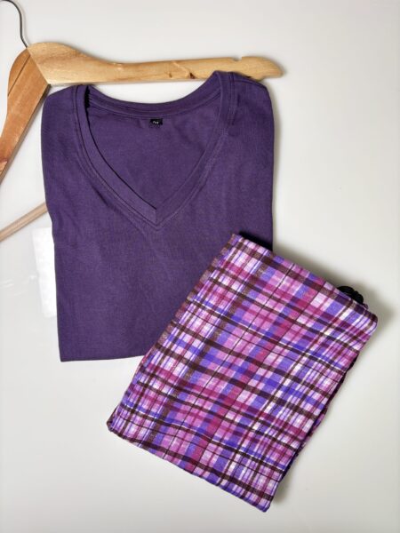 Violet Solid T-shirt with Stripes Printed Pant Set