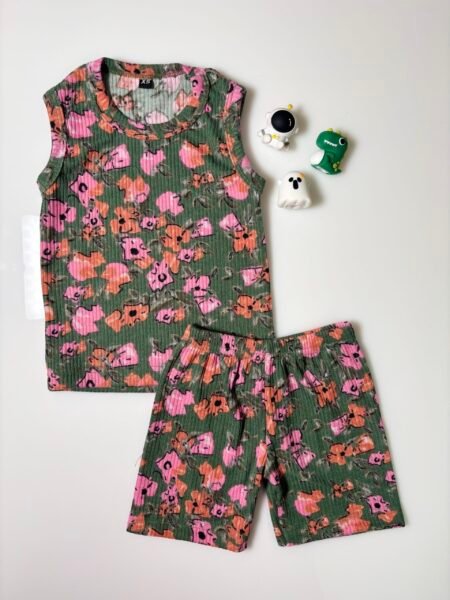 Green Floral Printed Sleeveless Kids Co-ords