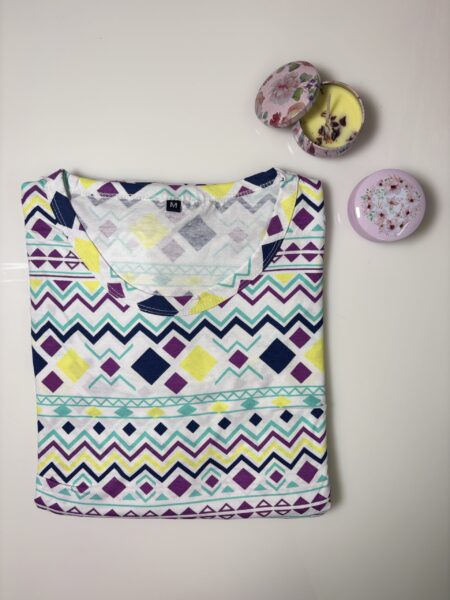 White and Geometric Printed Short Sleeve Feeding Maxi