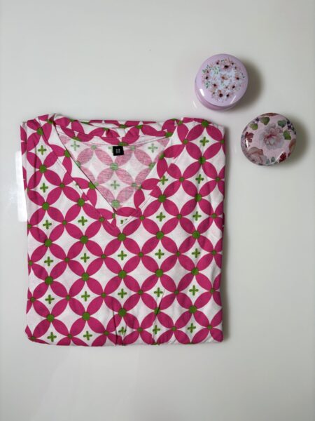 Pink Geometric Printed Knitted V-Neck Cotton Lounge Frock