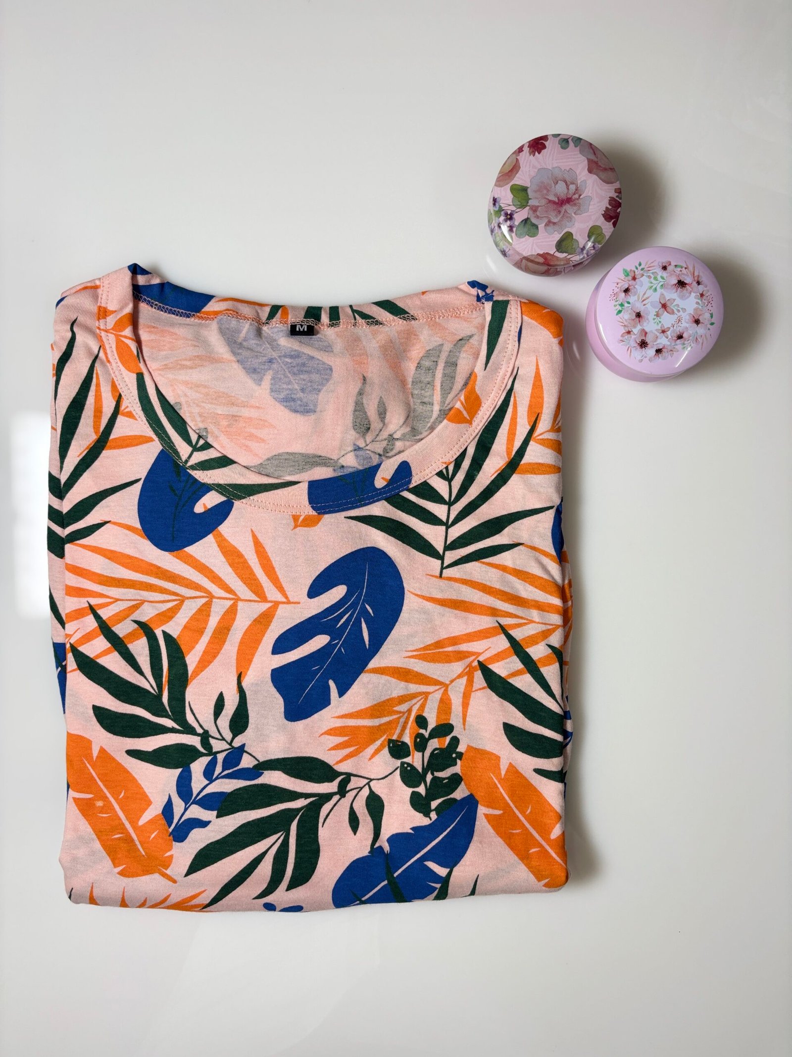 Peach and Tropical Leaf Printed Short Sleeve Feeding Maxi