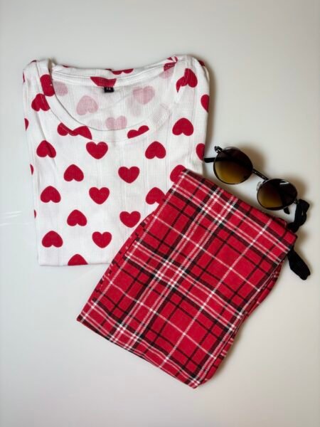White and Red Hearts Printed T-shirt with Red Contrast Pant Set