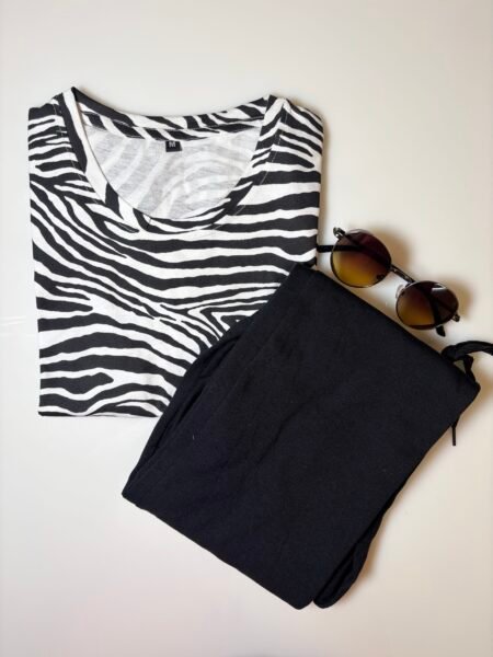 White Waves Printed T-shirt with Solid Black Contrast Pant Set