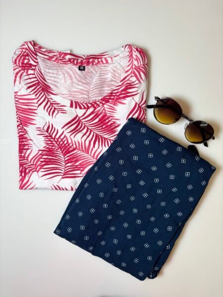 White and Red Leaf's Printed T-shirt with Navy Contrast Pant Set