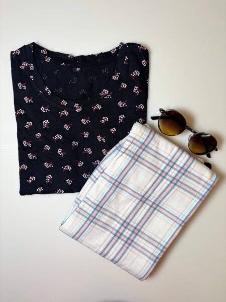 Black Floral Printed T-shirt with White Contrast Pant Set