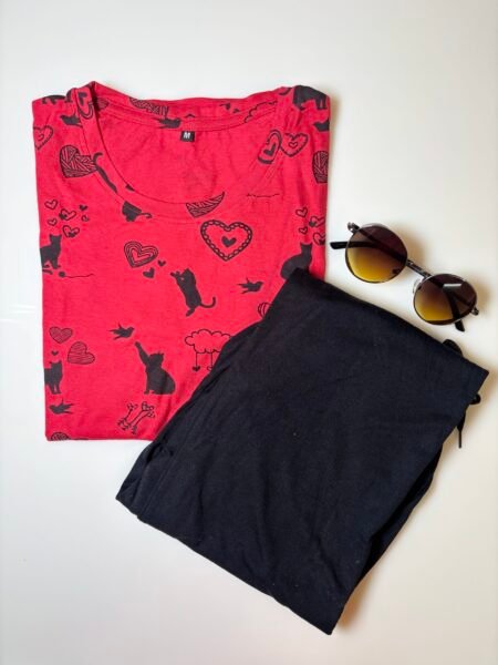 Red Ethnic Motifs Printed T-shirt with Solid Black Contrast Pant Set