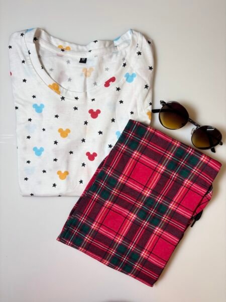 White Repeating Motifs Printed T-shirt with Red Contrast Pant Set