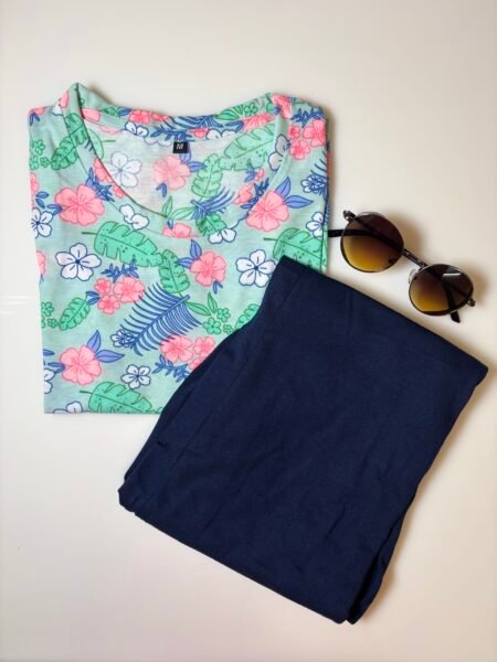 Green Floral and Leaf's  Printed T-shirt with Solid Navy Contrast Pant Set