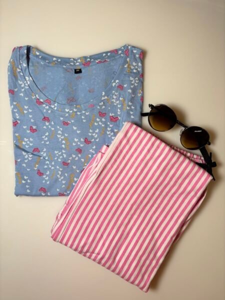 Light Blue Motifs Printed T-shirt with Red Stripes Contrast Pant Set