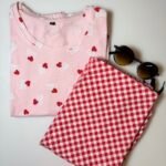 Pink Hearts with Text Printed T-shirt with Red Contrast Pant Set - M