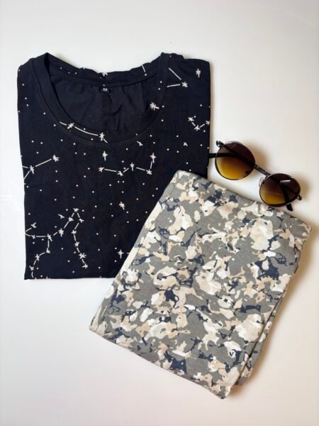 Black Unique Motifs Printed T-shirt with Gray Contrast Pant Set