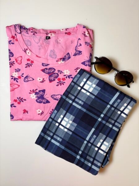 Pink Butterflies Printed T-shirt with Navy Contrast Pant Set