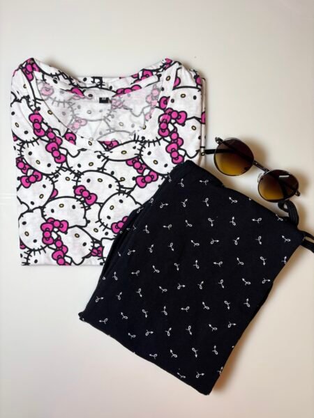 White Bunny Printed T-shirt with Black Contrast Pant Set