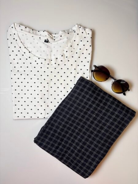 White Dots Printed T-shirt with Black Contrast Pant Set
