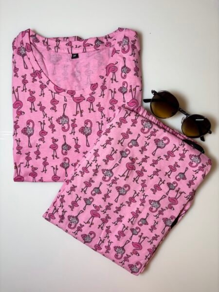 Pink and Flamingos Printed T-Shirt and Pant Coords Set