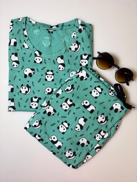 Teal Green and Panda's Printed T-Shirt and Pant Coords Set