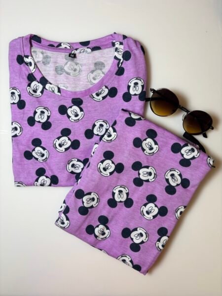 Lavender and Micky Mouse Printed T-Shirt and Pant Coords Set