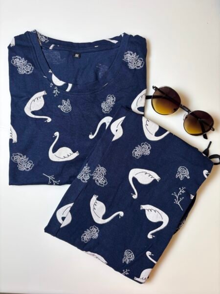 Navy and Swans Printed T-Shirt and Pant Coords Set