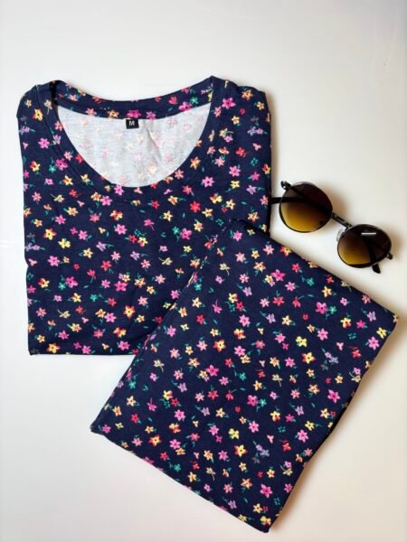 Navy and Floral Printed T-Shirt and Pant Coords Set