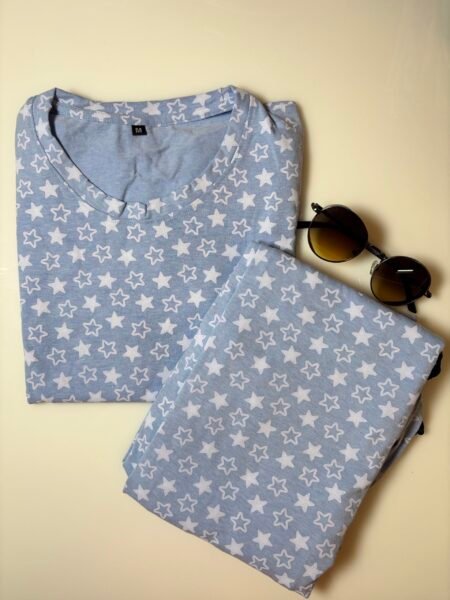 Light Blue and Geometric Printed T-Shirt and Pant Coords Set