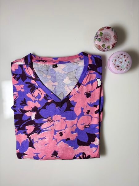 Pink and Violet Floral Printed Knitted V-Neck Cotton Lounge Frock