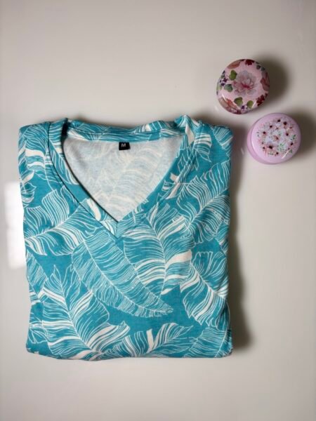 Sky Blue Leafy Printed Knitted V-Neck Cotton Lounge Frock