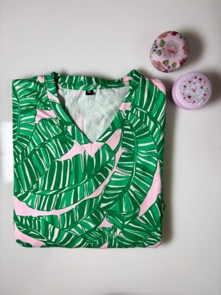 Green and White Leafy Printed Knitted V-Neck Cotton Lounge Frock