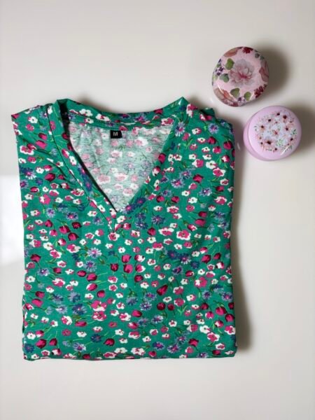 Green Floral Printed Knitted V-Neck Cotton Lounge Frock