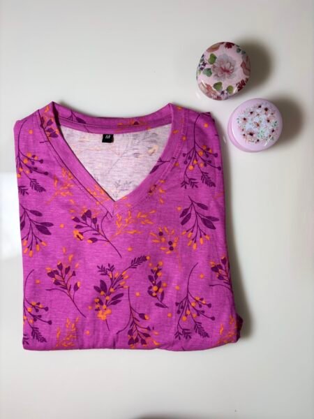 Lavender Small Blossoms Printed Knitted V-Neck Cotton Lounge Frock