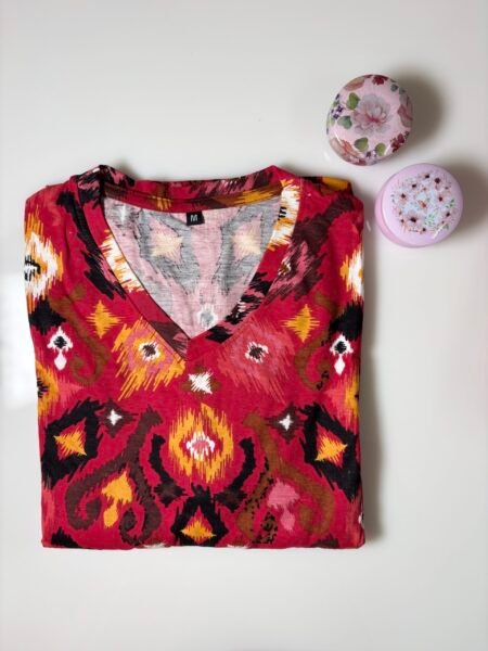 Red Abstract Printed Knitted V-Neck Cotton Lounge Frock