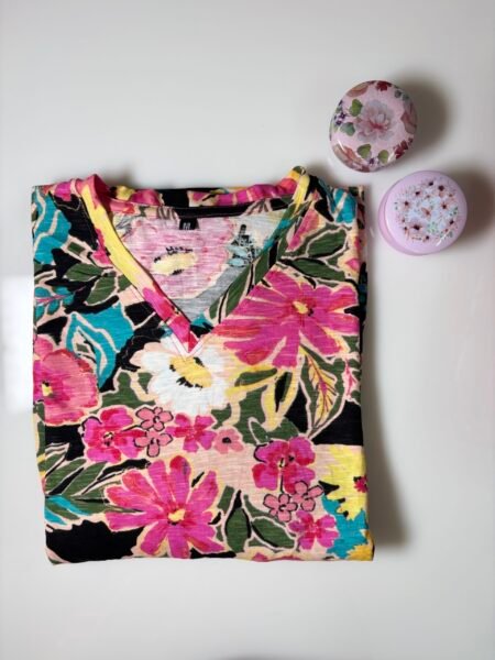 Black With Floral Printed Knitted V-Neck Cotton Lounge Frock