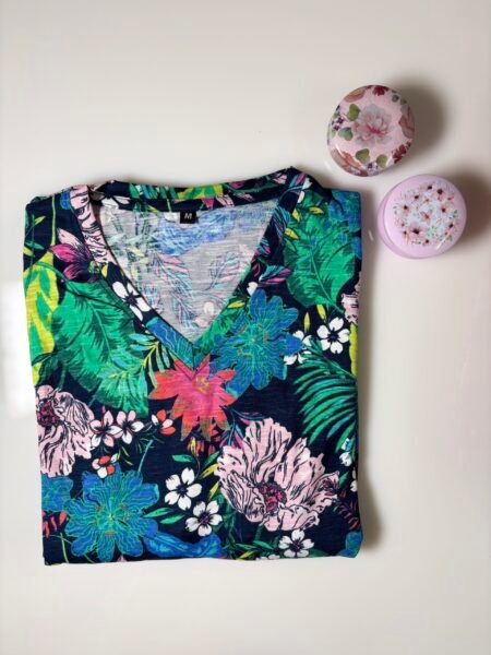 Dark Blue Tropic Botanical Printed Knitted V-Neck Cotton Lounge Frock
