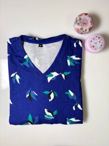 Blue Ethnic Motifs Printed Knitted V-Neck Cotton Lounge Frock