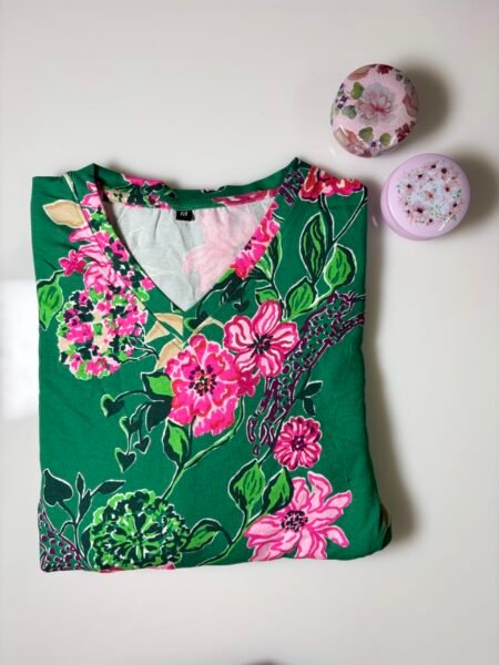 Green and Pink Floral Printed Knitted V-Neck Cotton Lounge Frock