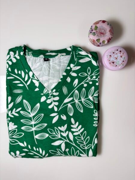 Green Leafy and Floral Printed Knitted V-Neck Cotton Lounge Frock
