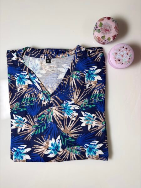 Navy Blue Tropical Printed Knitted V-Neck Cotton Lounge Frock